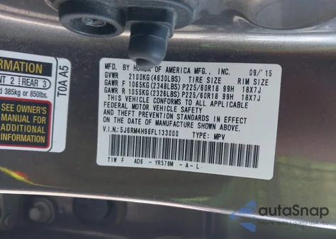 2015 Honda Cr-V Touring z USA, uszkodzony, nr VIN 5J6RM4H96FL133000